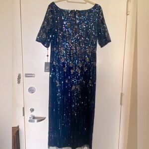 Adrianna Papell Navy Beaded Mesh Dress Size 14